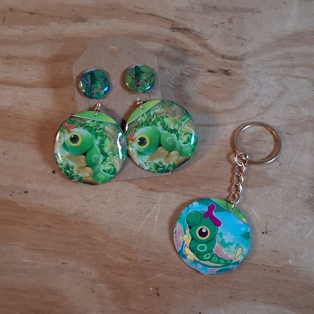 Handmade Pokemon Caterpie Jewelry Set Earrings Keychain Set Green Caterpillar